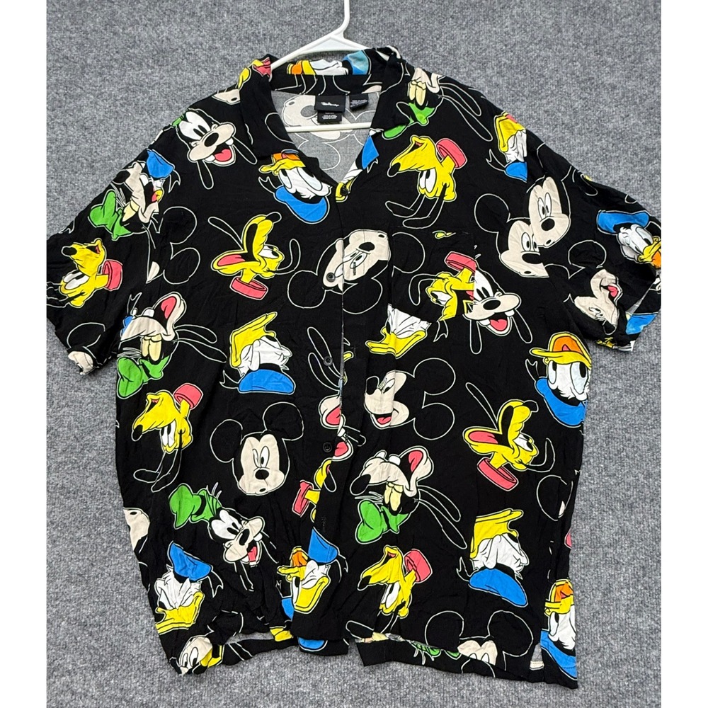 Disney Mickey Mouse Donald Duck Goofy Pluto Rayon Button Down Shirt Black 3XL